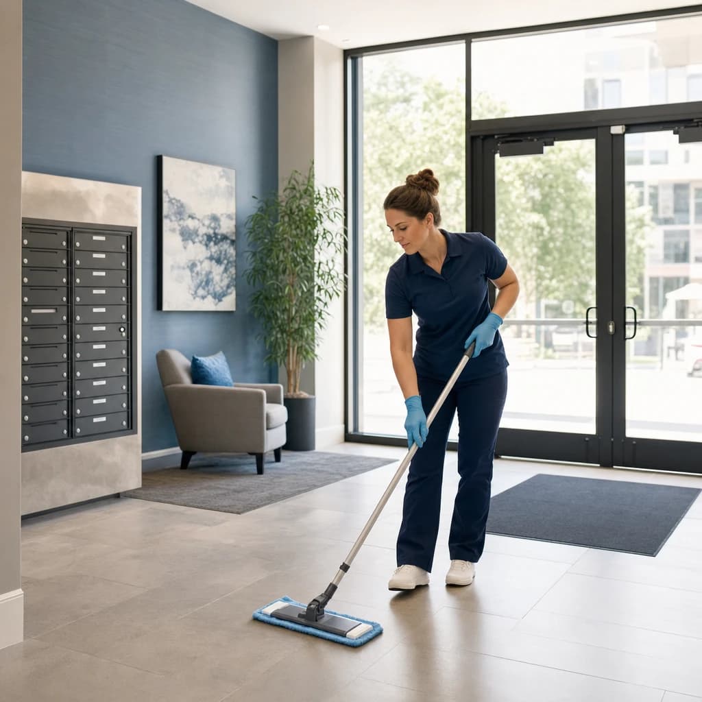 Best Kingdom Cleaning professional cleaning the lobby and mailroom of a Spokane apartment building